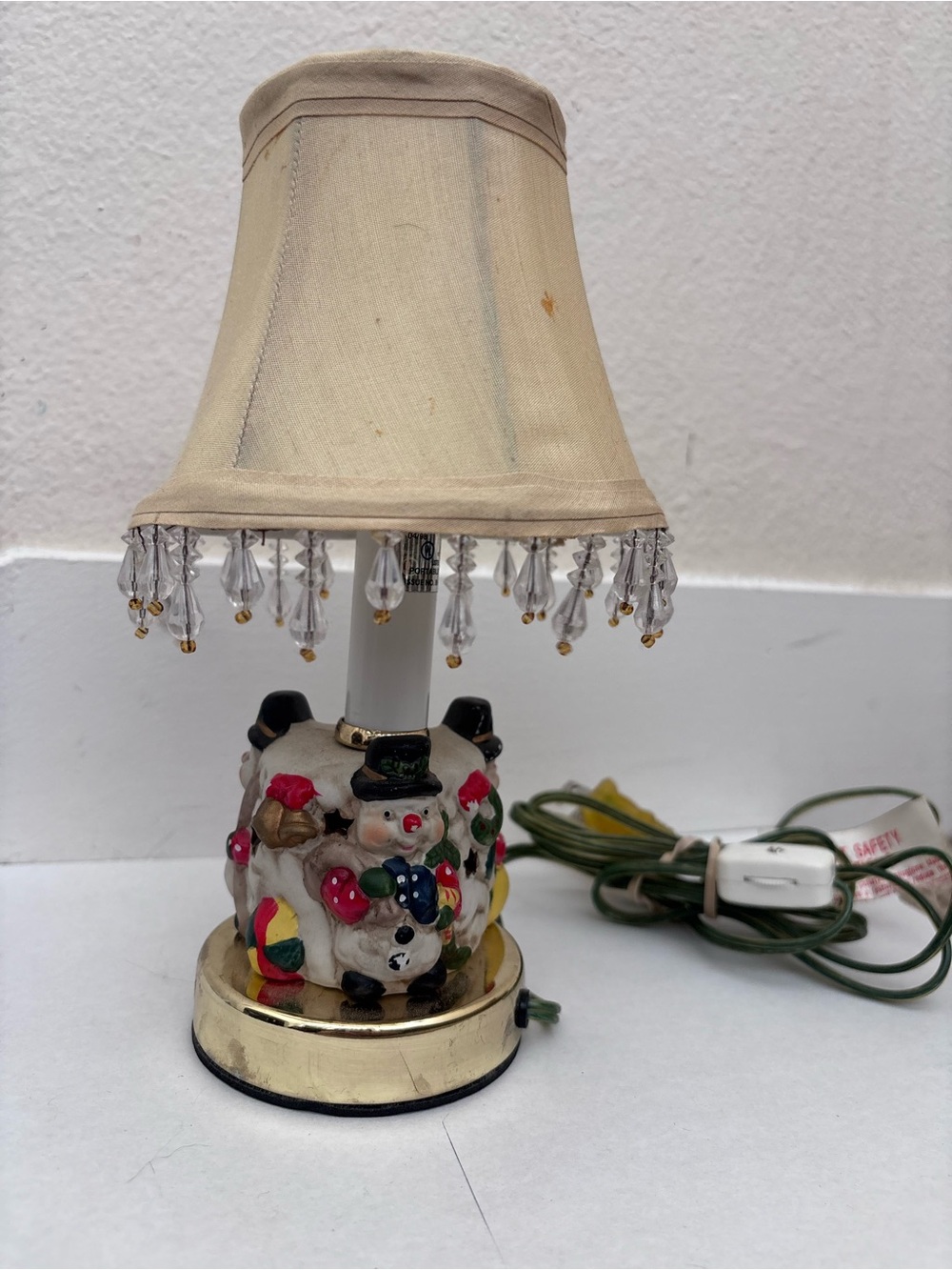 Vintage Ceramic Snowman Table Lamp with Beaded Shade - Cream